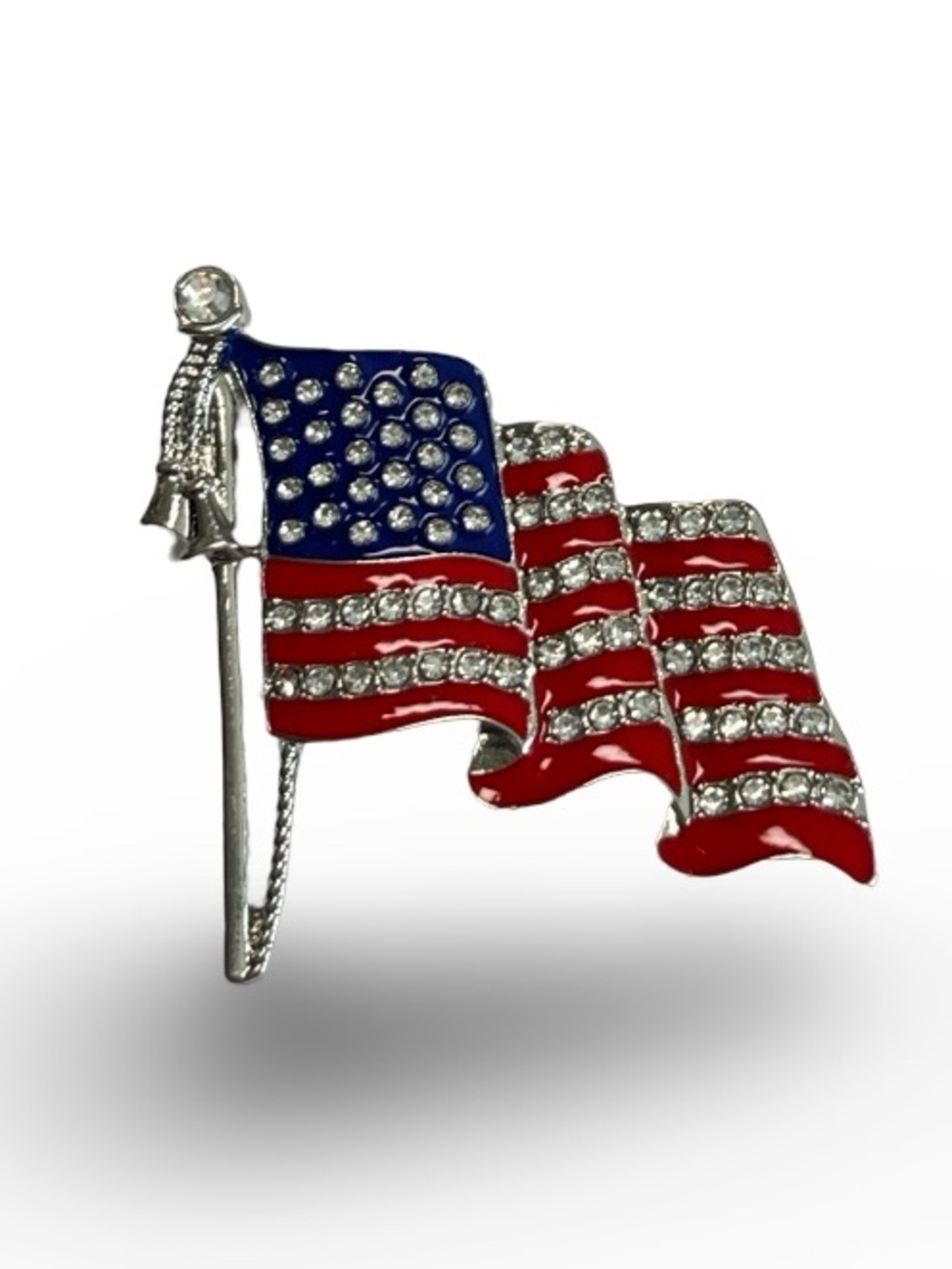Brooch- American Flag, NIP, rhinestones, & enamel paint, a silver base, 2”x1.5”